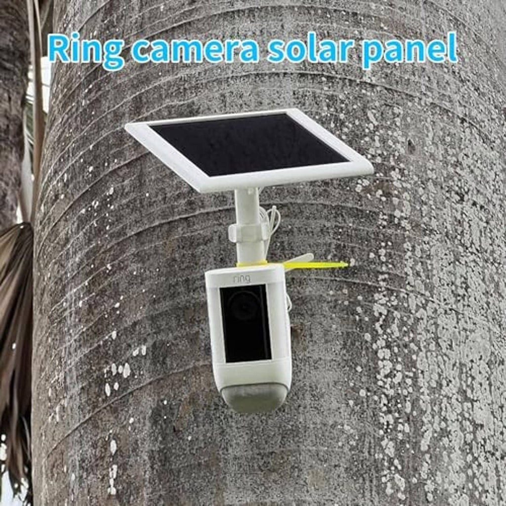 Outdoor solar panel charger mounted above Ring camera on exterior wall