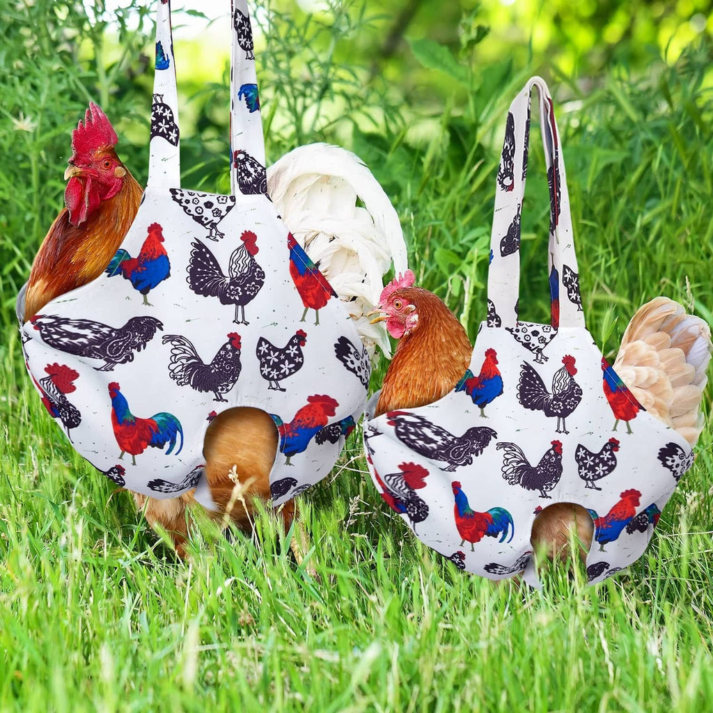 Chicken holder tote set, two white bags with colorful chicken silhouettes