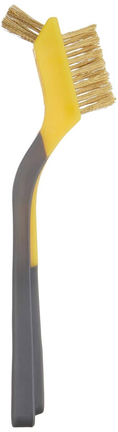 Mini brass wire brush with yellow head and gray soft-grip handle