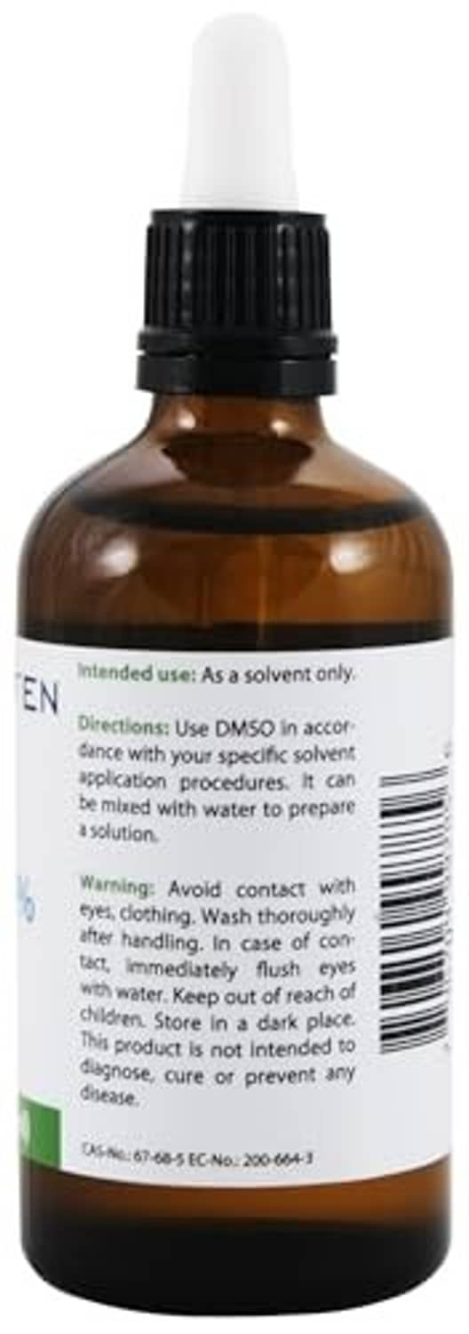 Amber DMSO bottle with white dropper and black cap; back safety instructions