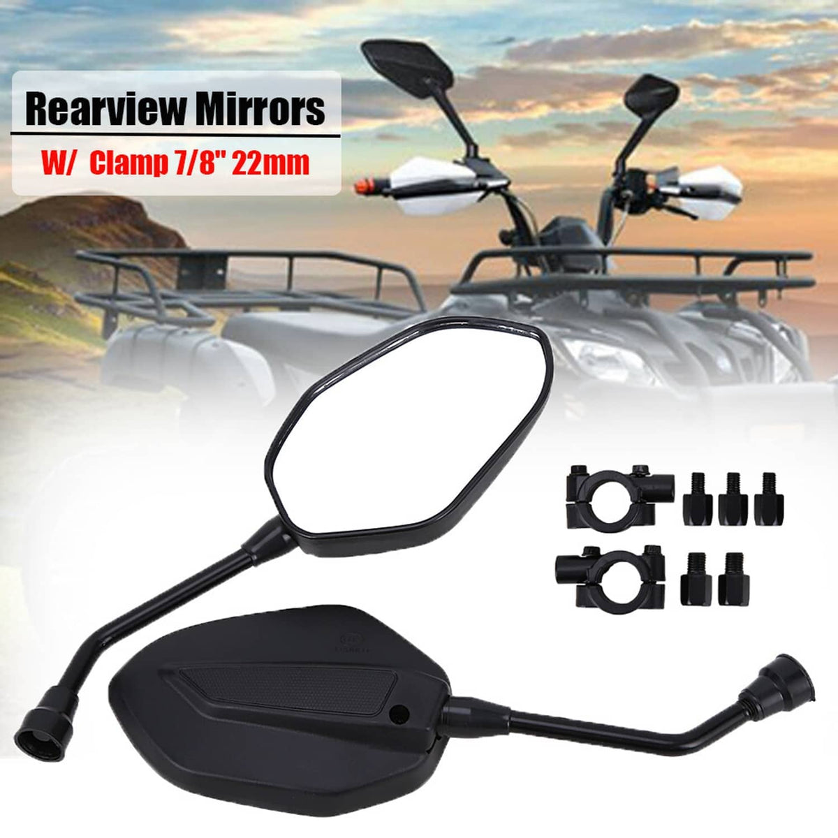 ATV rearview side mirror pair with handlebar clamp and mounting hardware