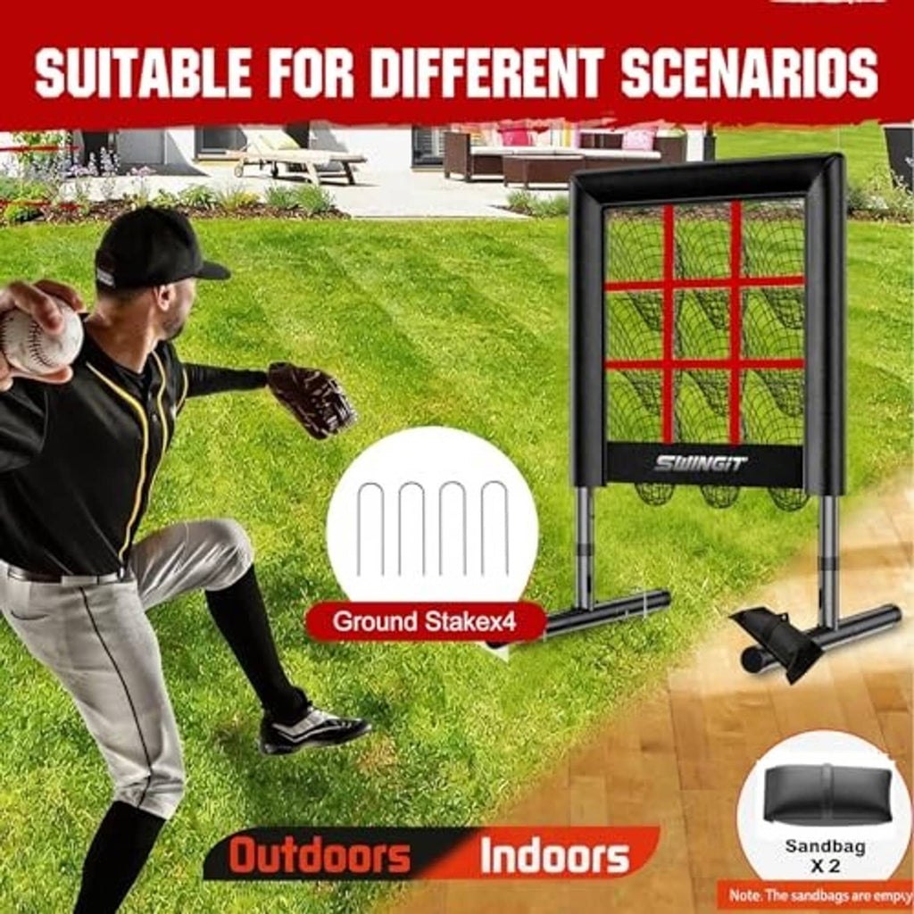 Black strike-zone pitching net with red grid and ground stake and sandbags