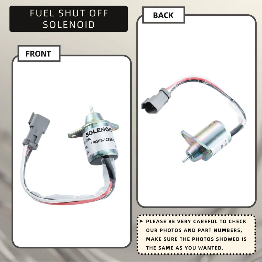 Fuel shut off solenoid assembly with gray plug and red-white cable, front/back view