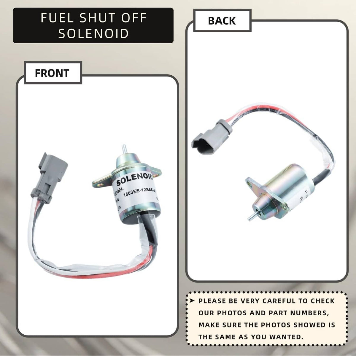 Fuel shut off solenoid assembly with gray plug and red-white cable, front/back view