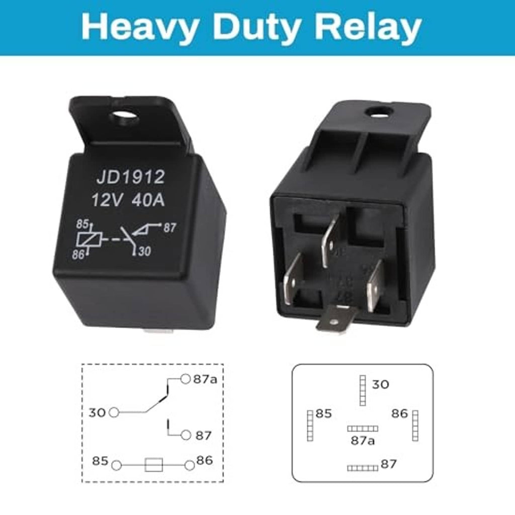 Black JD1912 heavy duty 12V 40A relay with base connector and terminal pins