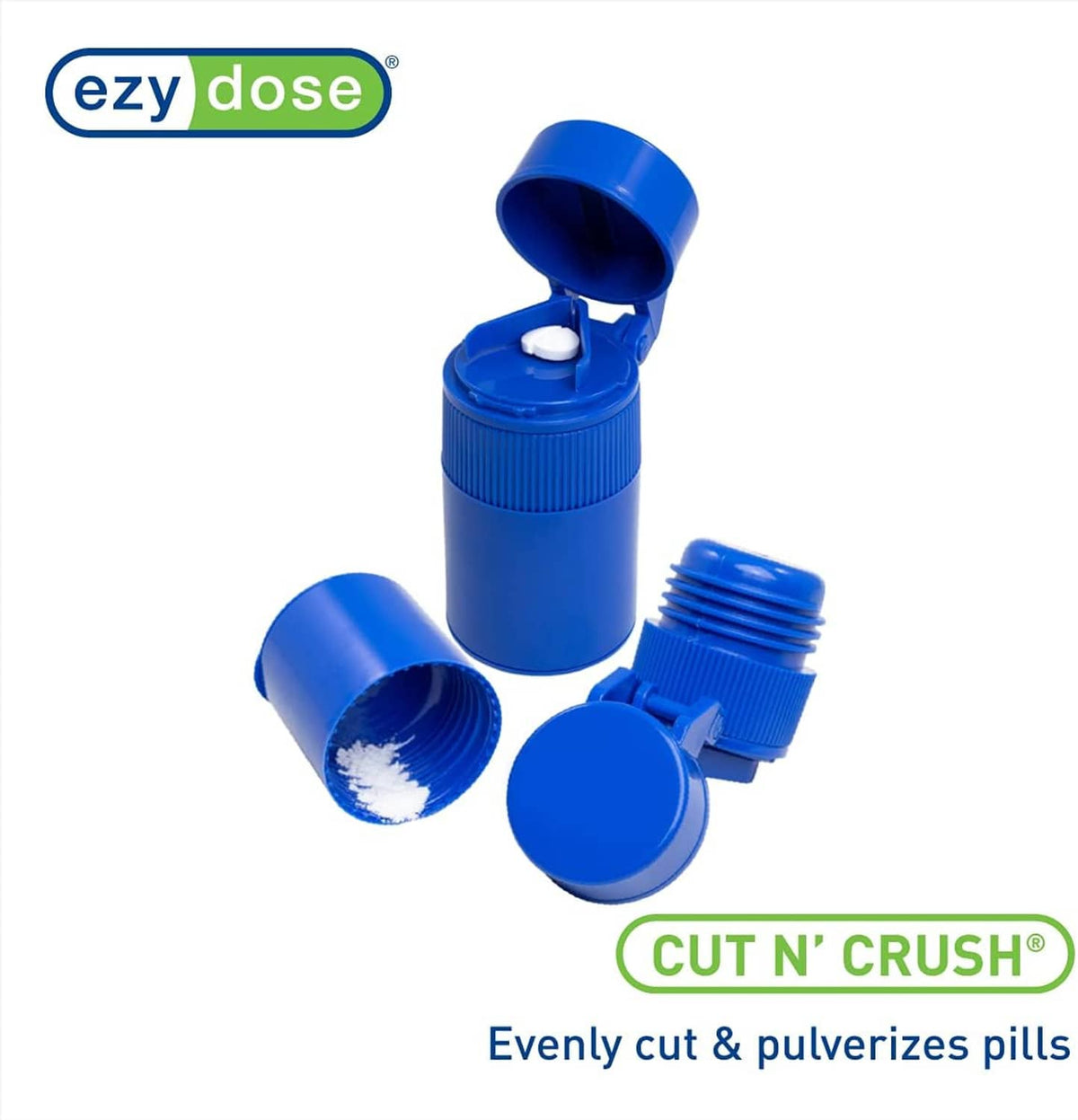Blue pill crusher with open lid and two connected storage chambers