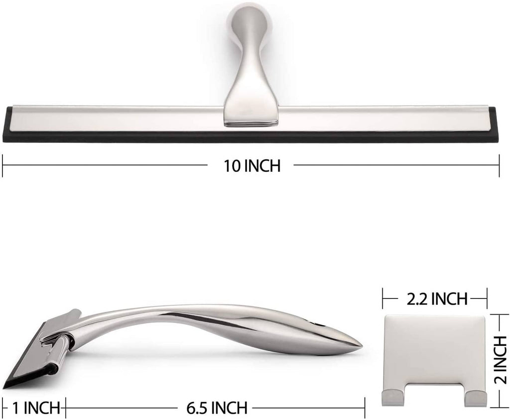 10 inch shower squeegee with black rubber blade, silver handle and size diagram
