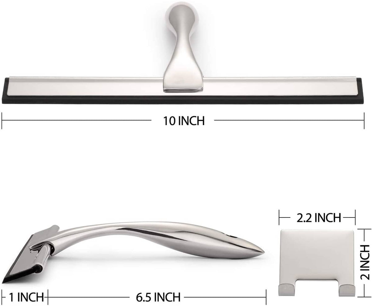 10 inch shower squeegee with black rubber blade, silver handle and size diagram