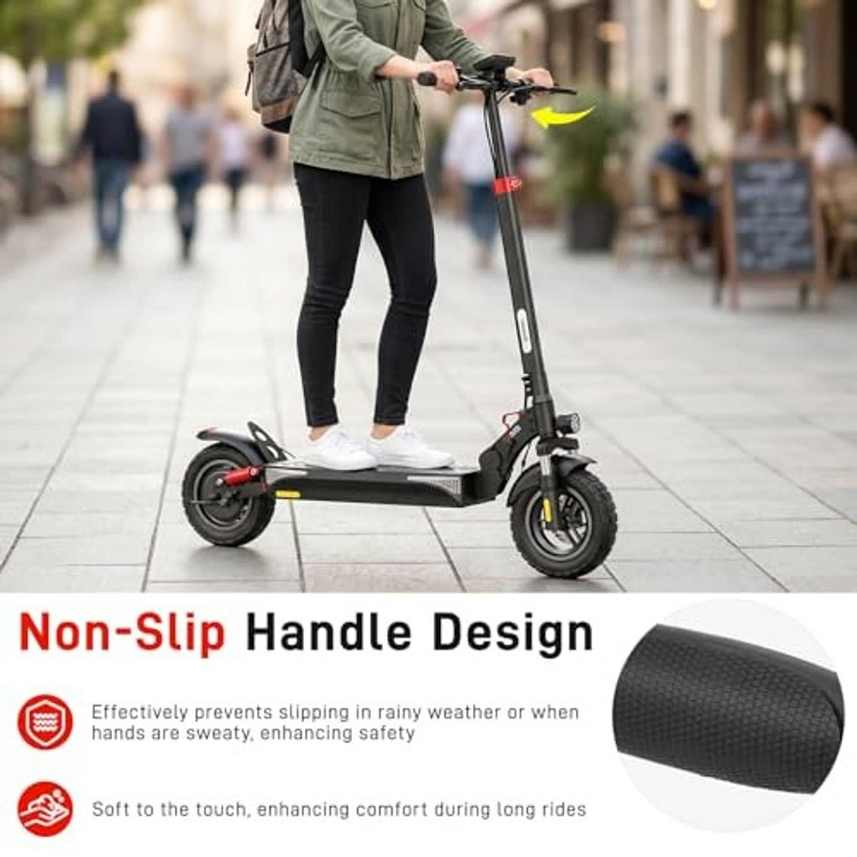 Black right brake lever with textured grip on an e-scooter handlebar