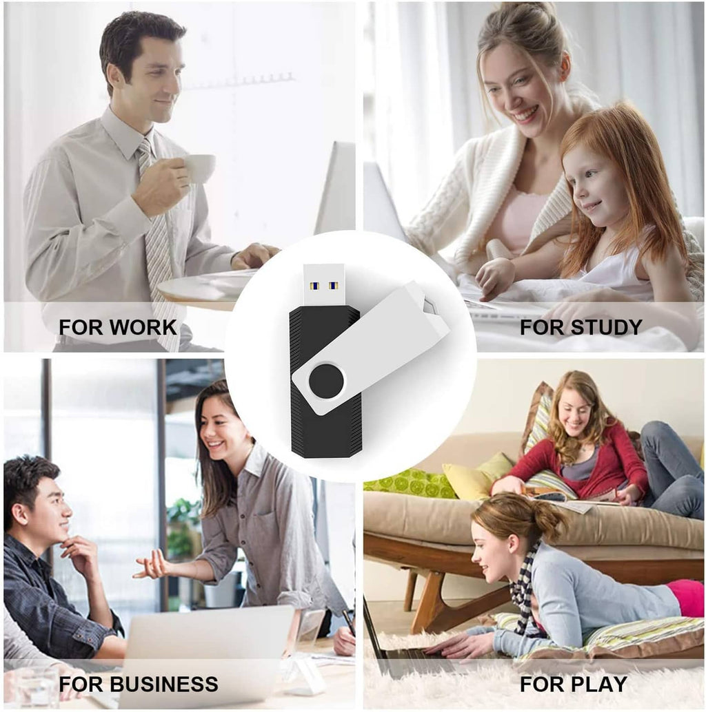 Silver and black USB flash drive pictured with people for work study business and play