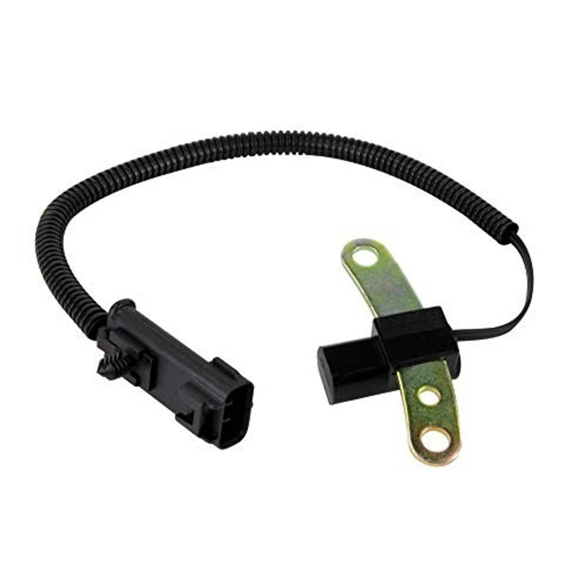 Crankshaft position sensor with black wire harness and yellow-green mounting bracket tabs