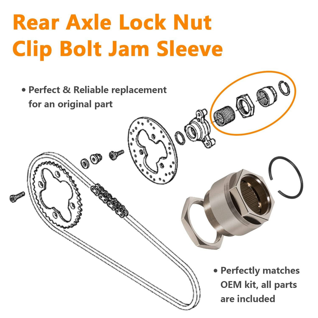 Rear axle lock nut and clip bolt jam sleeve kit with O-ring