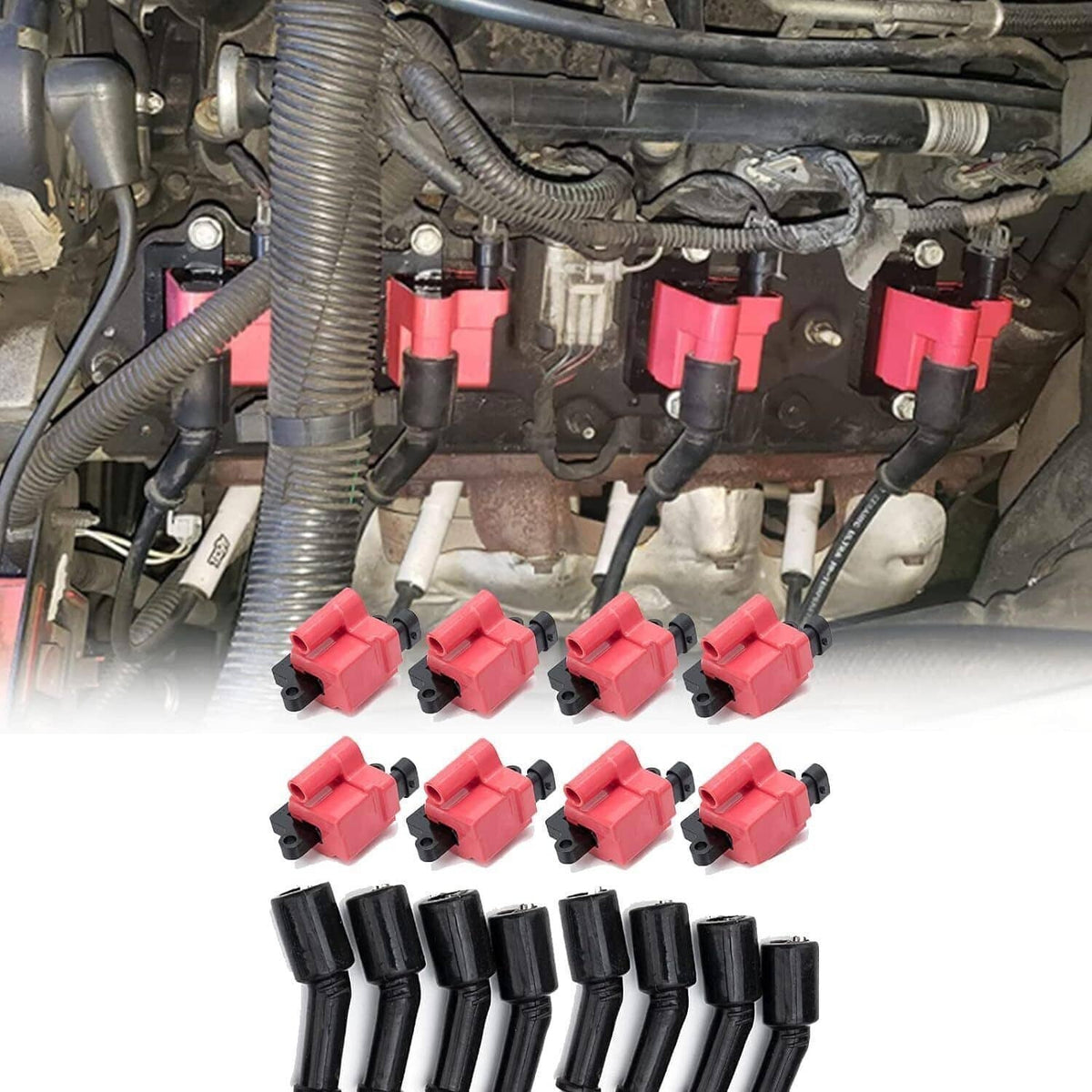 Square ignition coils with red connectors installed on an engine