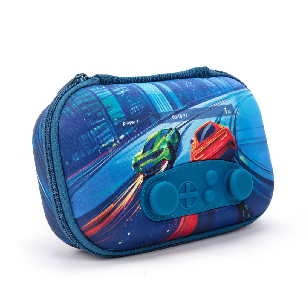 Blue zipper pencil case with game-controller front and colorful racing car graphic.