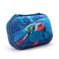 Blue zipper pencil case with game-controller front and colorful racing car graphic.