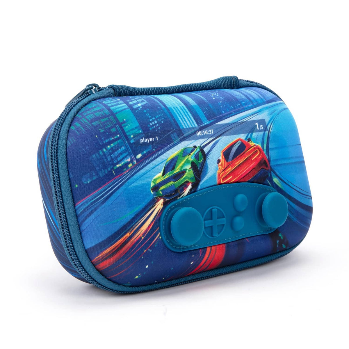 Blue zipper pencil case with game-controller front and colorful racing car graphic.