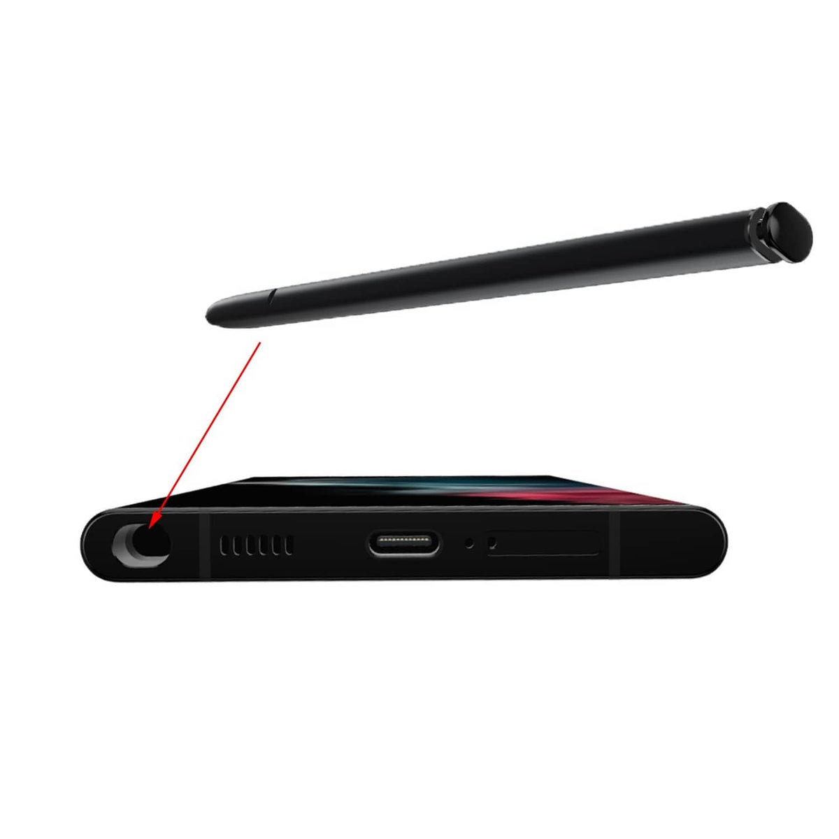 Black stylus pen with underside connector port