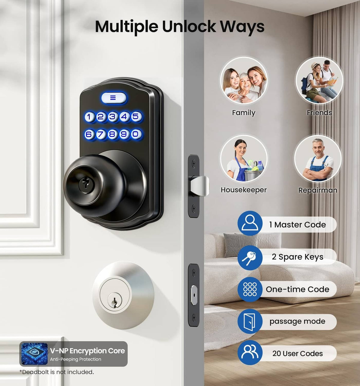 Matte black keypad lockset with round thumb turn and number keypad