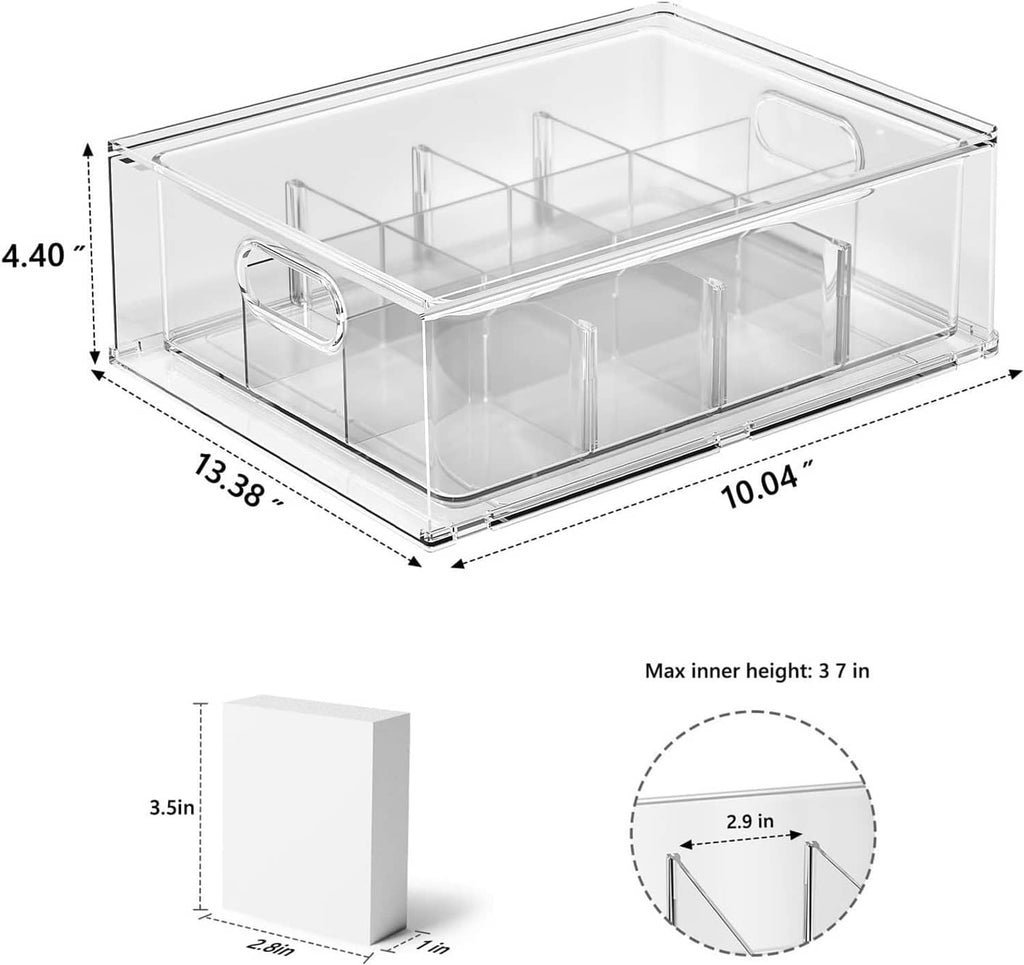 Clear plastic trading card storage box with interior compartments and carry handle