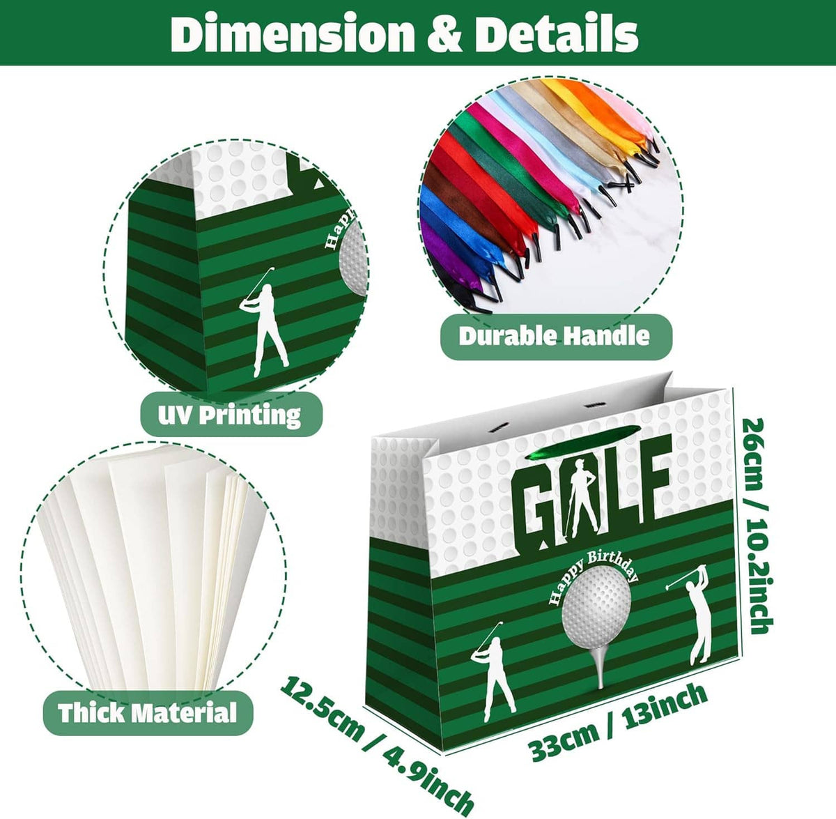 Golf birthday gift bag dimensions and detail graphic with thick material and durable handle
