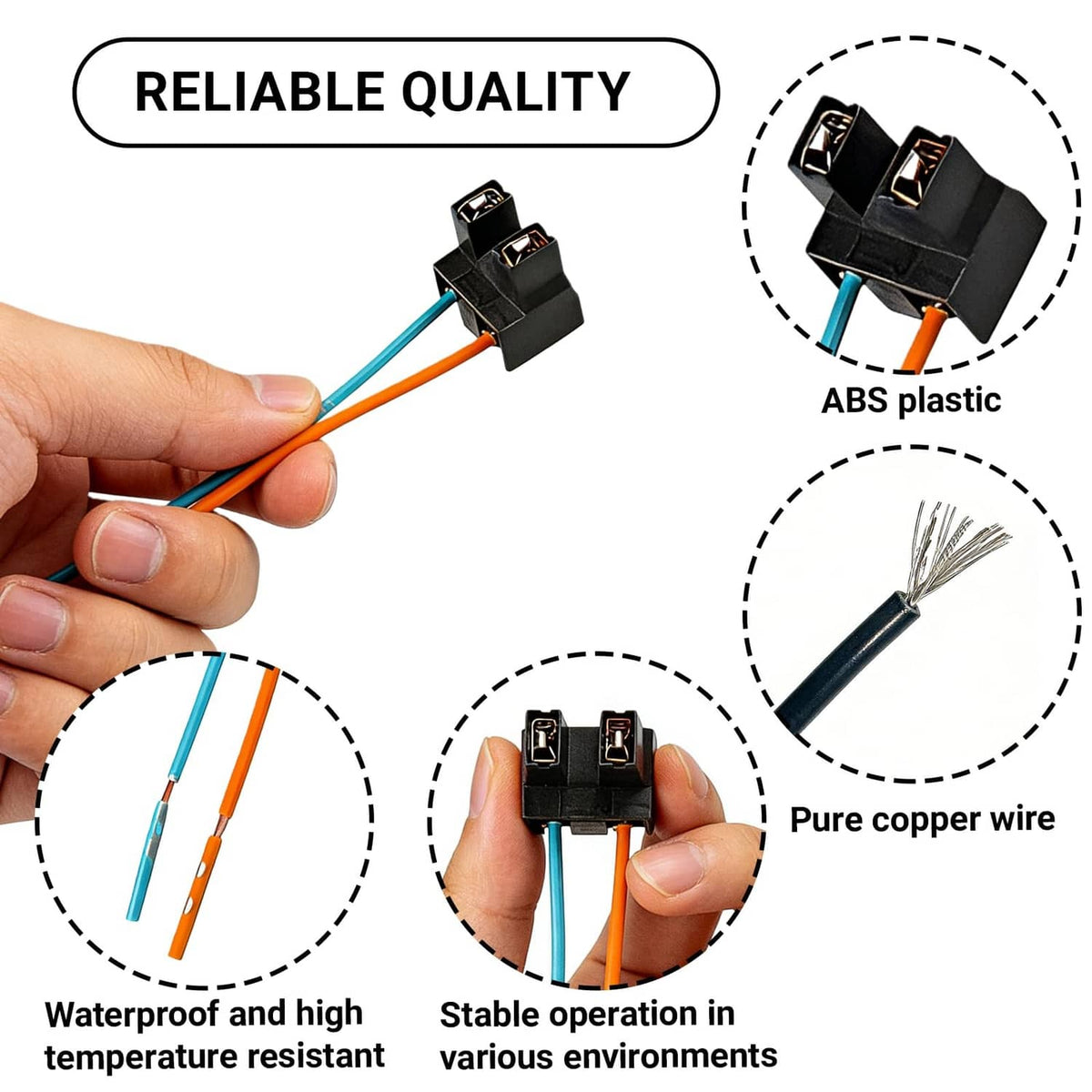 H7 female socket harness connectors held in hand, black sockets with orange and blue wires