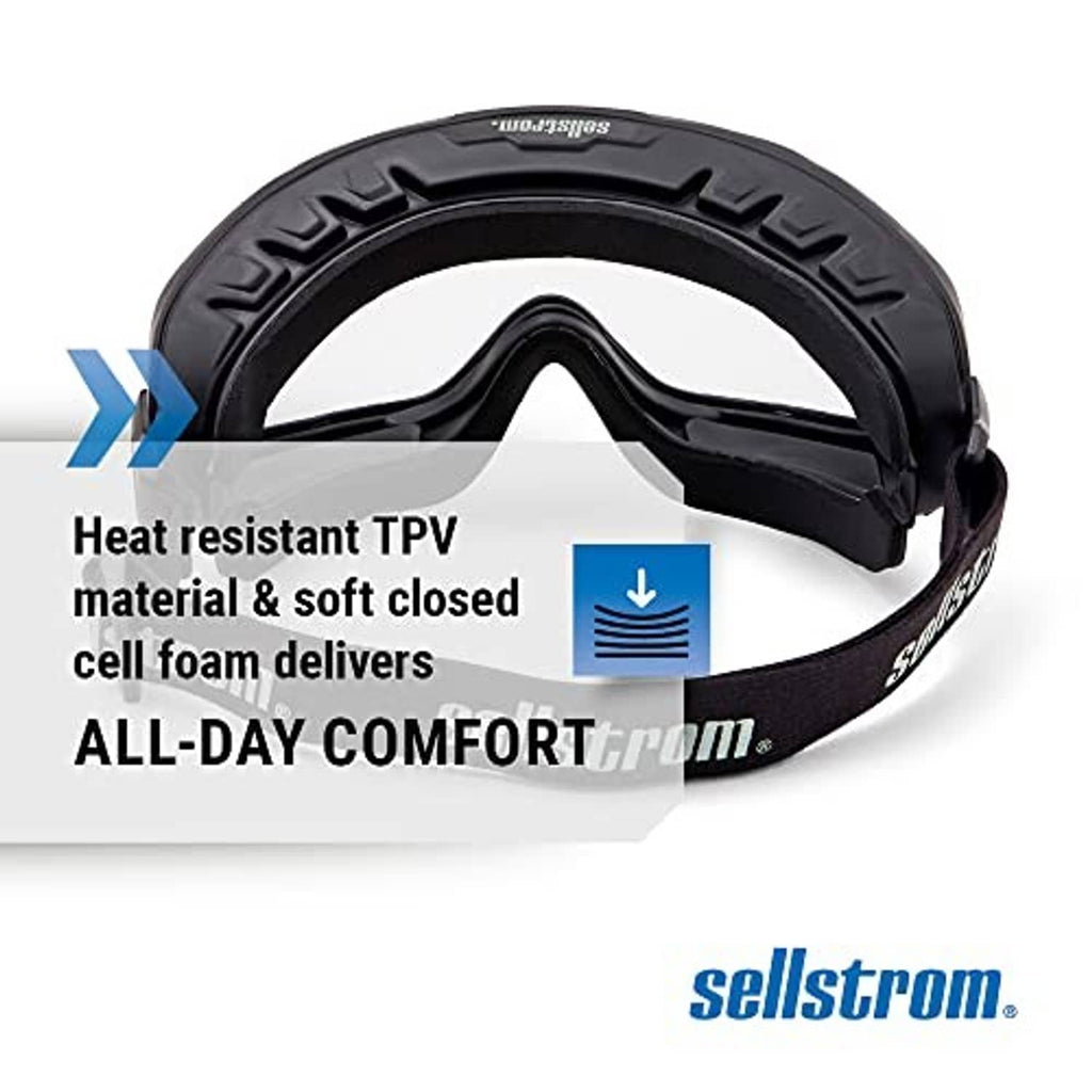 Black safety goggles with padded seal around clear lens.