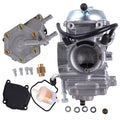 Carburetor and fuel pump kit parts with metal housings, hoses, screws, and fittings