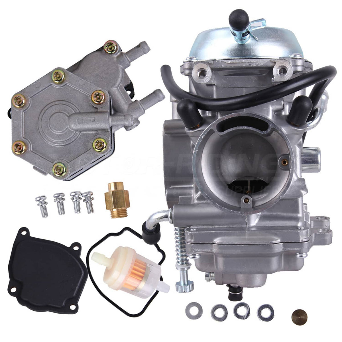 Carburetor and fuel pump kit parts with metal housings, hoses, screws, and fittings