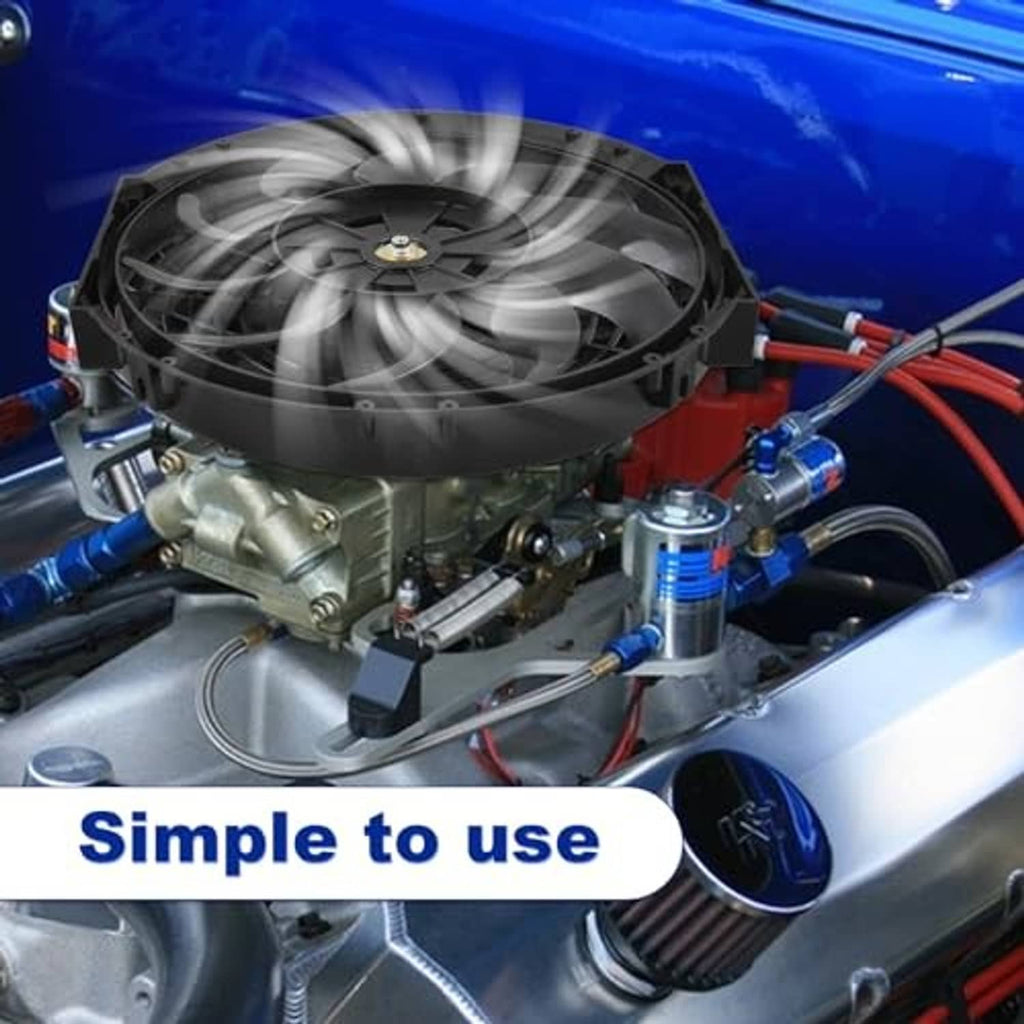 12-inch electric radiator cooling fan assembly installed on radiator with electrical wiring