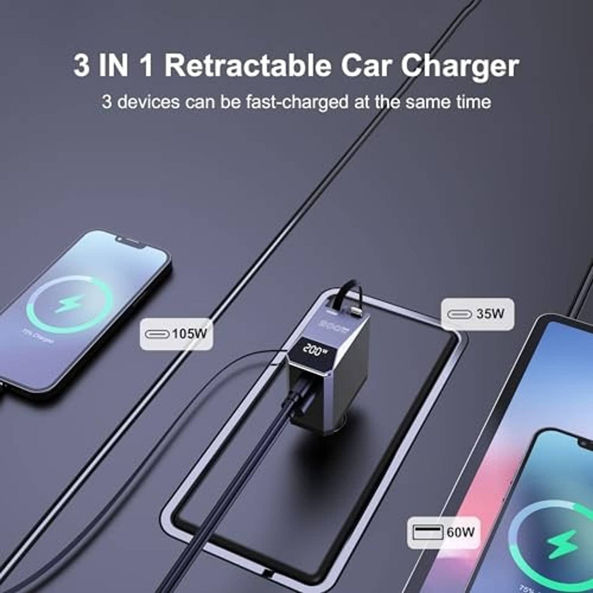 Retractable car charger dock with built-in ports, charging multiple devices simultaneously