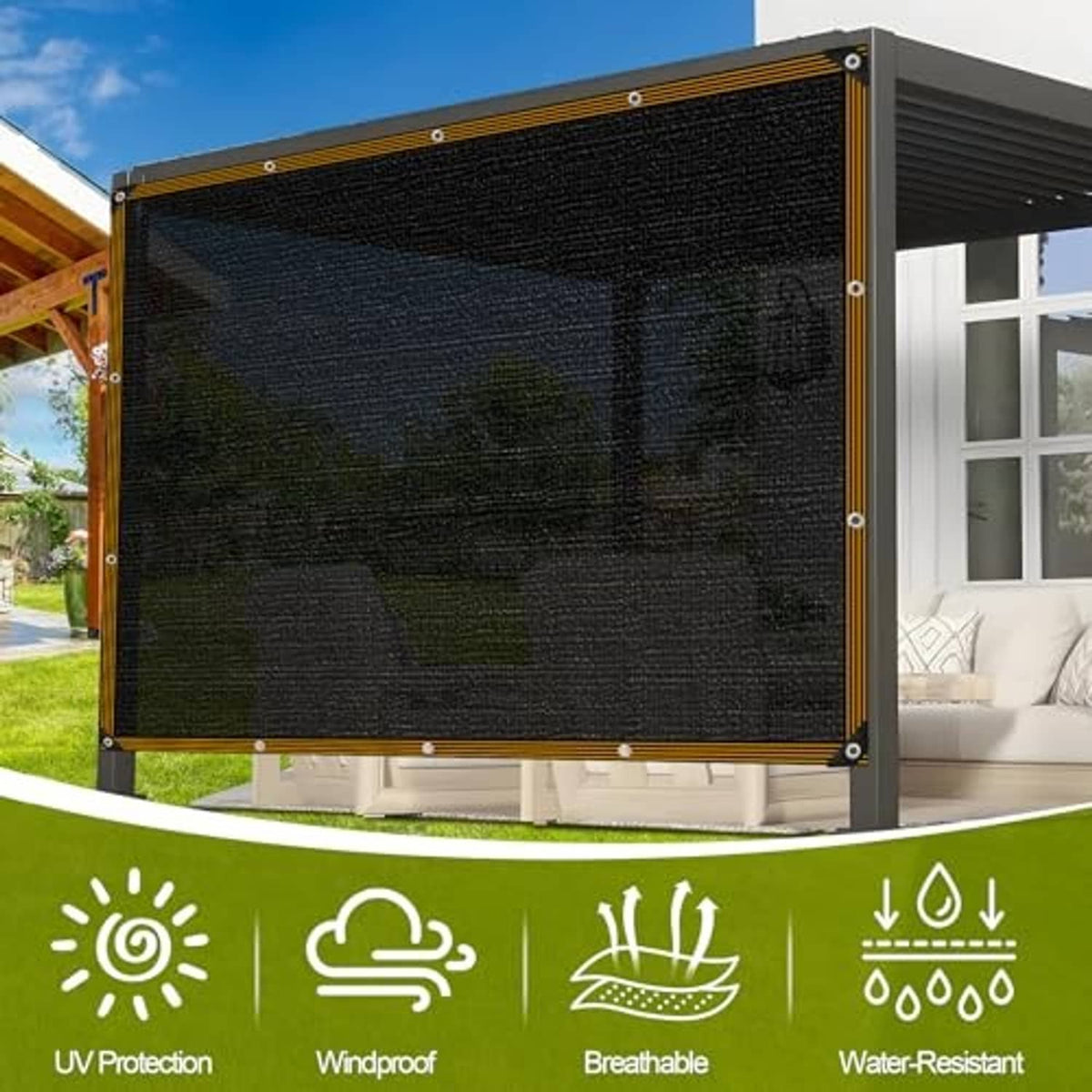 Black mesh shade cloth panel on an outdoor frame with grommeted corners and reinforced hem