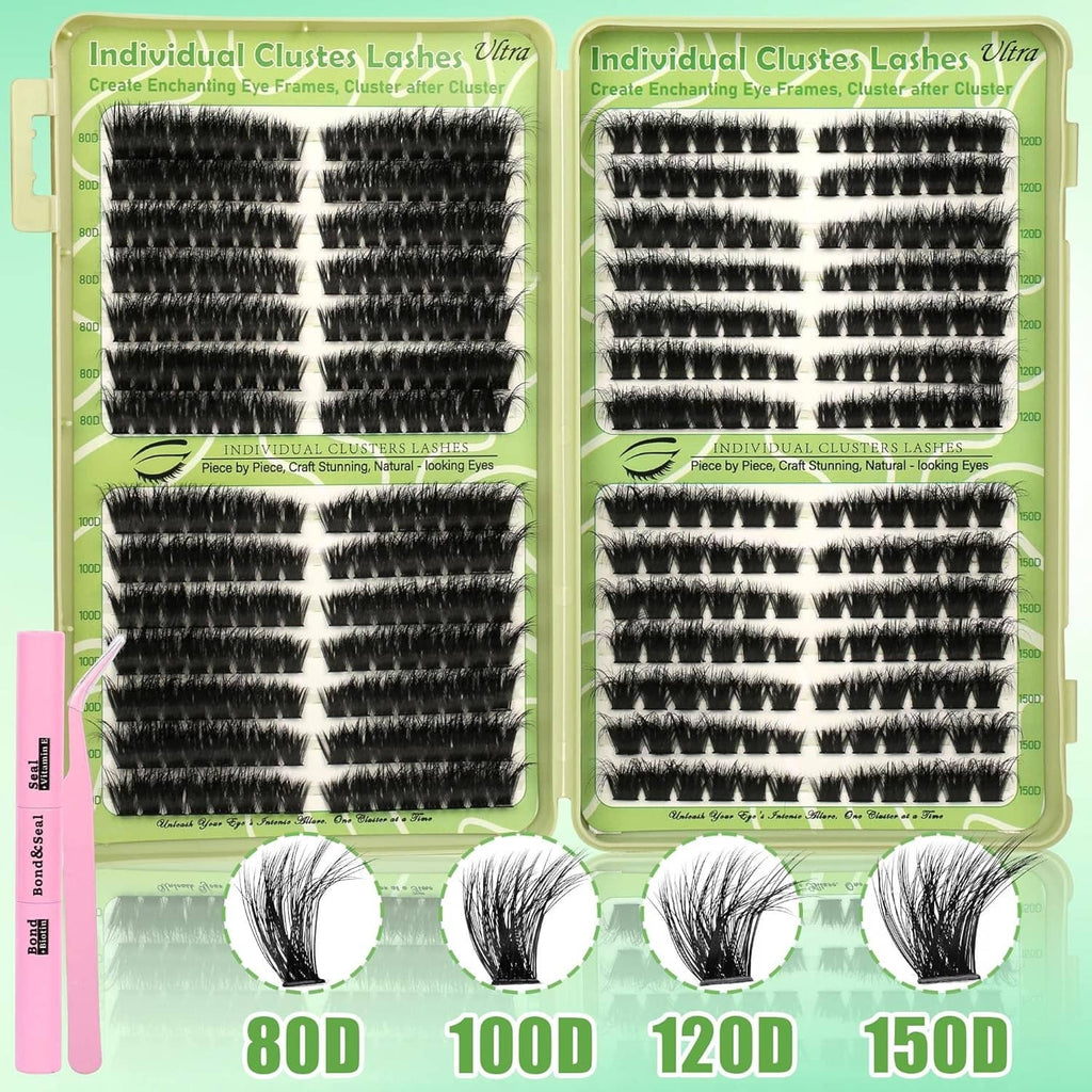 Black wispy lash clusters kit with labeled 80D, 100D, 120D, 150D trays and loose fans