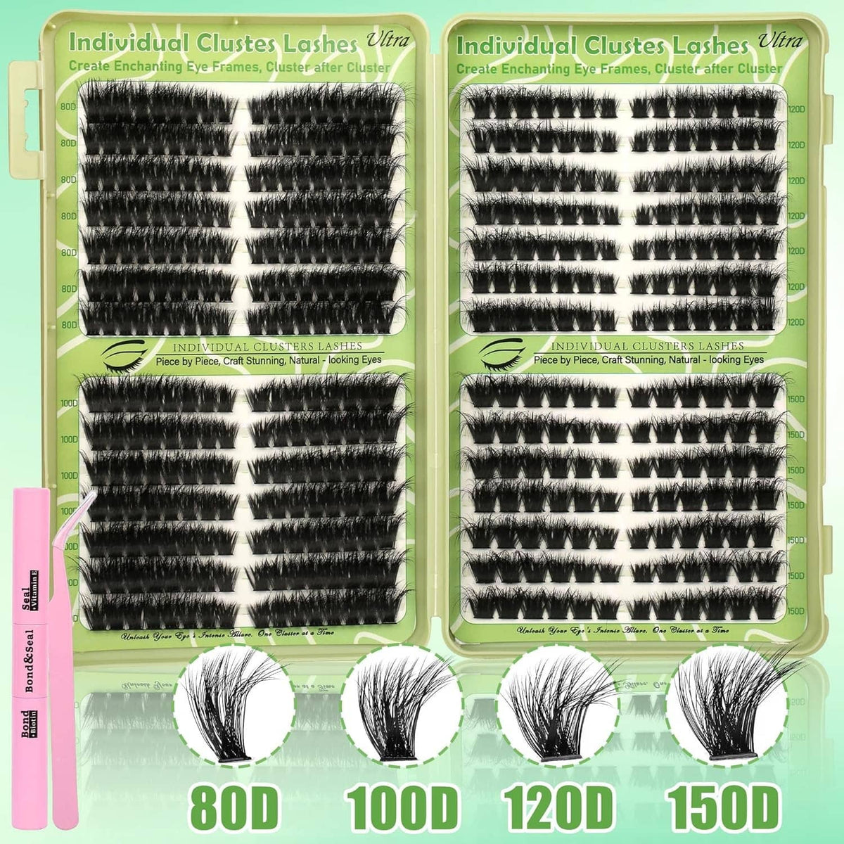 Black wispy lash clusters kit with labeled 80D, 100D, 120D, 150D trays and loose fans