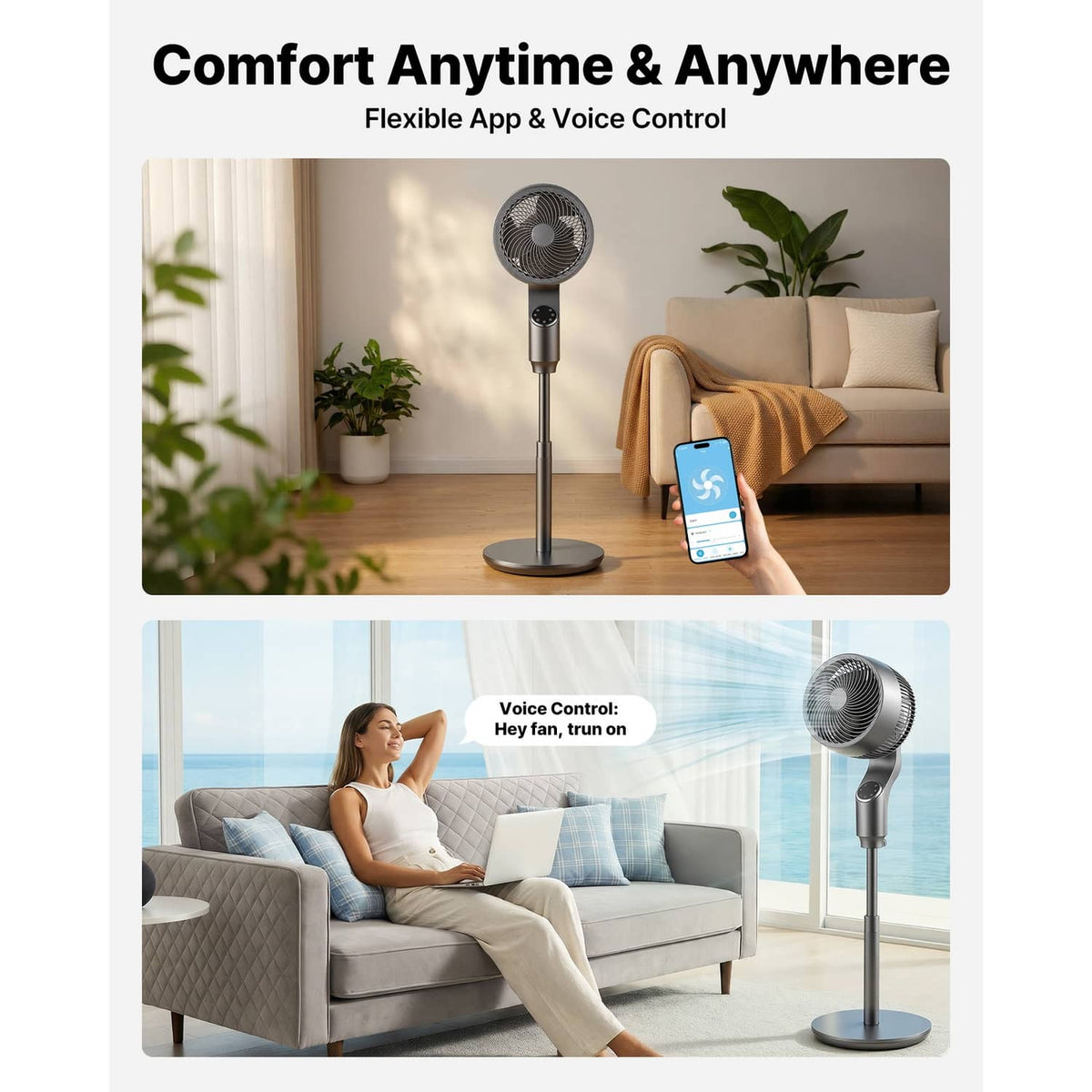 9-inch pedestal fan with app and voice control icons