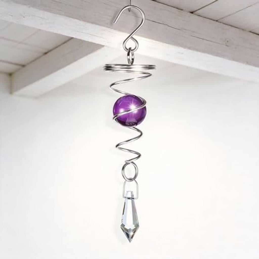 Single hanging stainless steel wind spinner with purple sphere and clear crystal drop