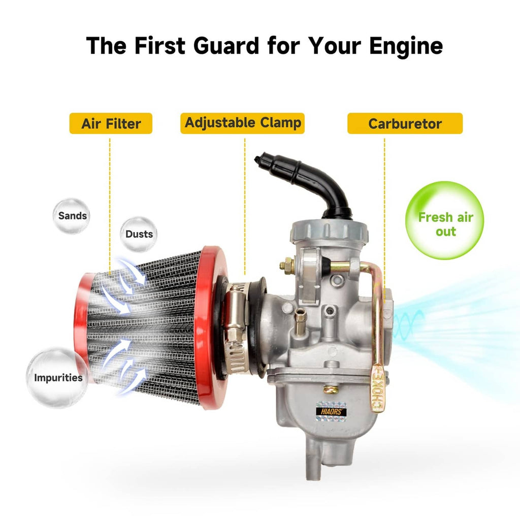 Carburetor with red air filter and black intake hose, engine intake component.