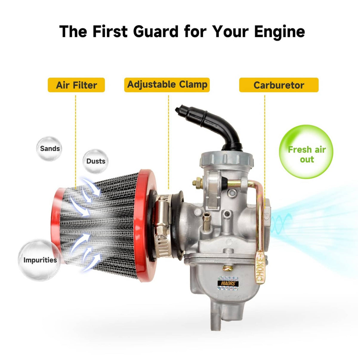 Carburetor with red air filter and black intake hose, engine intake component.