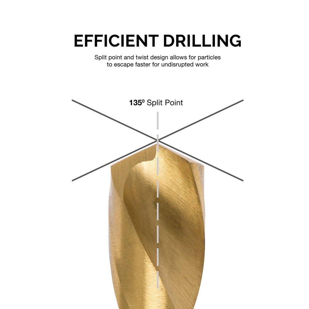 Left-hand drill bit set with 135° split point tip, shown with a single gold bit