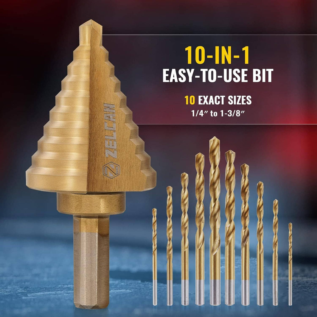 Titanium step drill bit with gold cone and silver shank, plus matching drill bit set