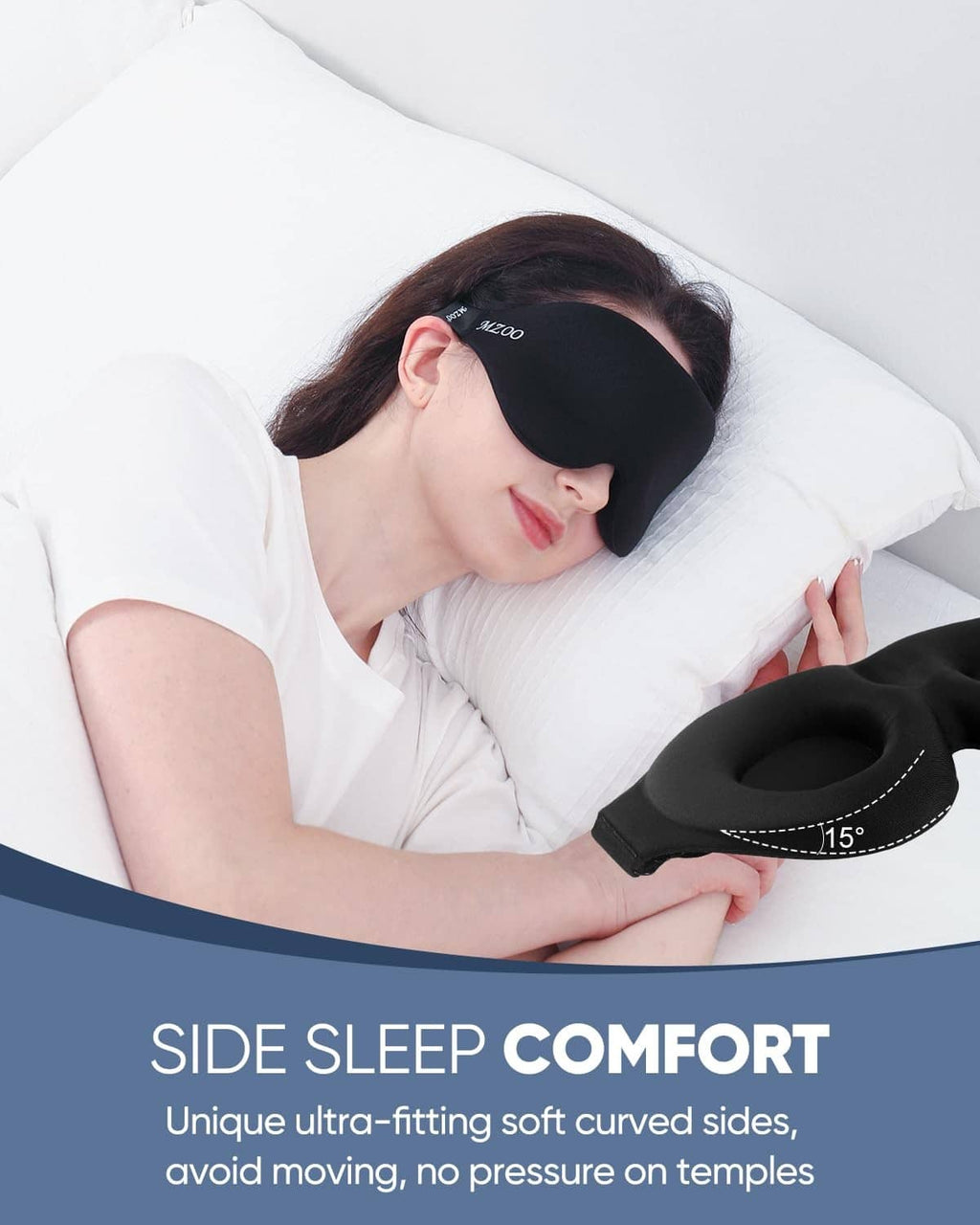 Black sleep eye mask in use on a pillow, contoured for side sleepers