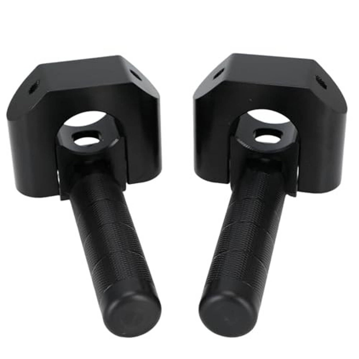 Black pair of textured motorcycle footpegs with open circular mount centers