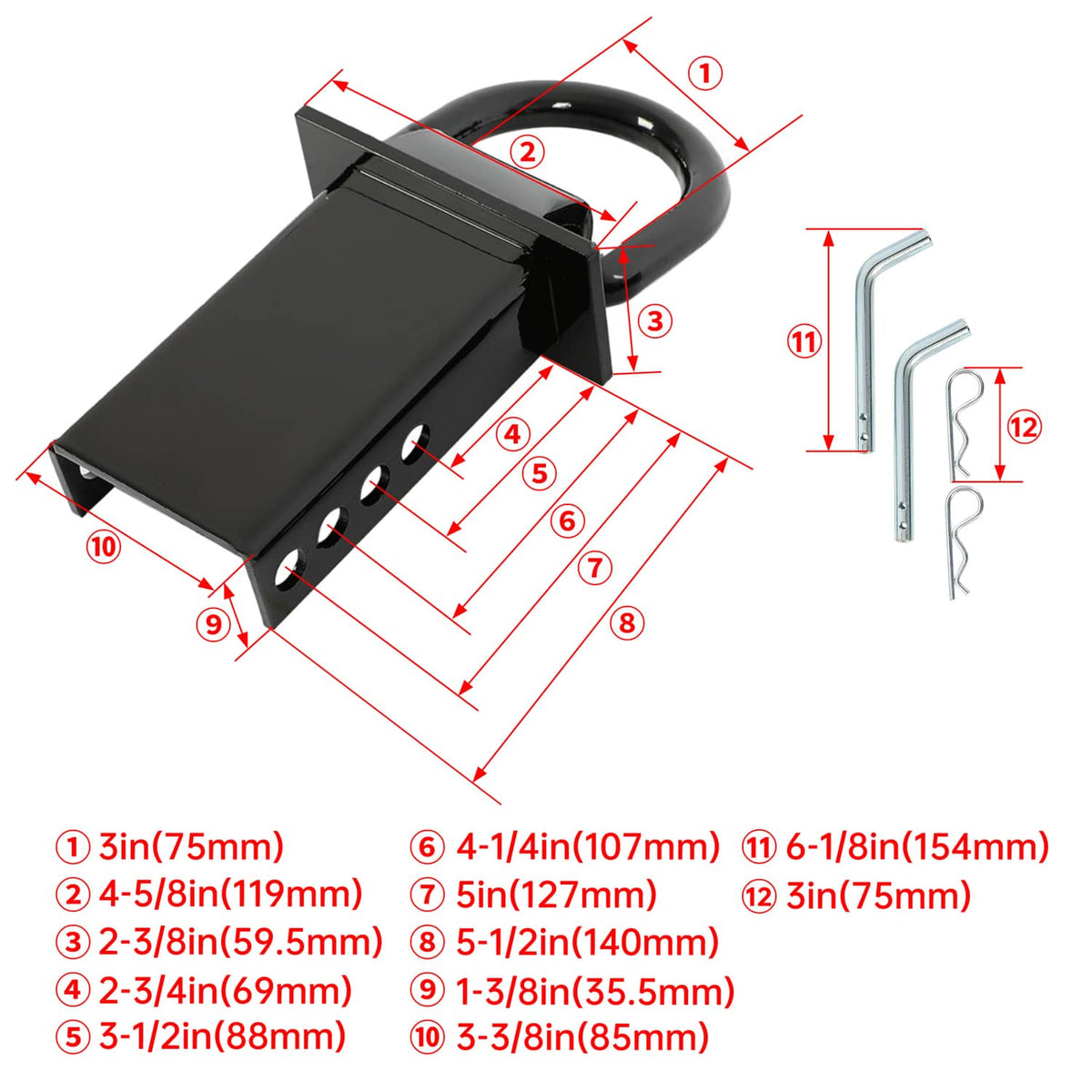 Adjustable trailer stake pocket D-ring tie-down dimensions diagram with measuring labels