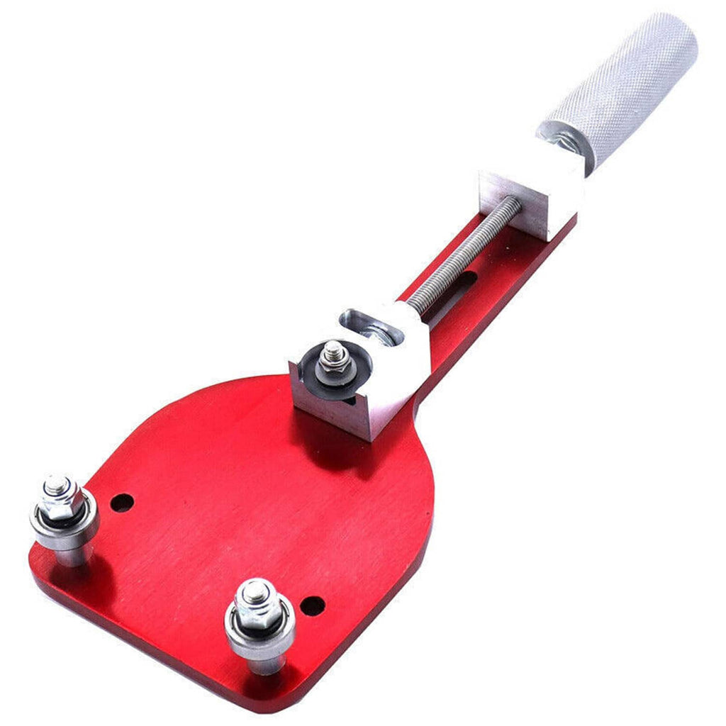 Red oil filter cutter tool with circular base, cutting head, and long threaded shaft