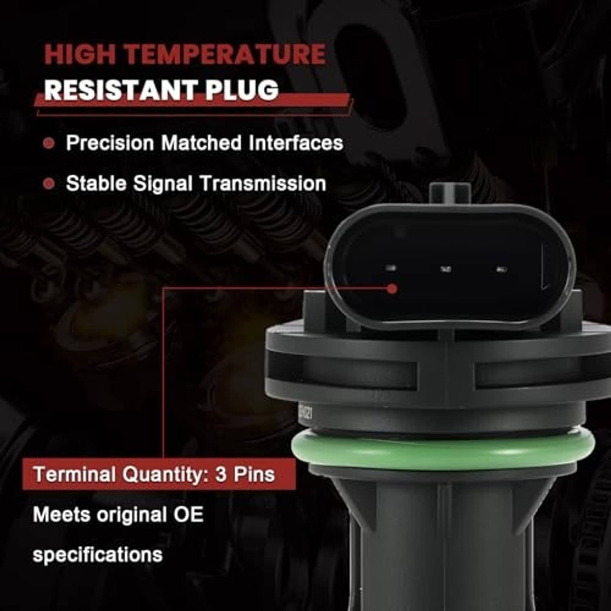 Camshaft position sensor with black electrical connector and green seal ring