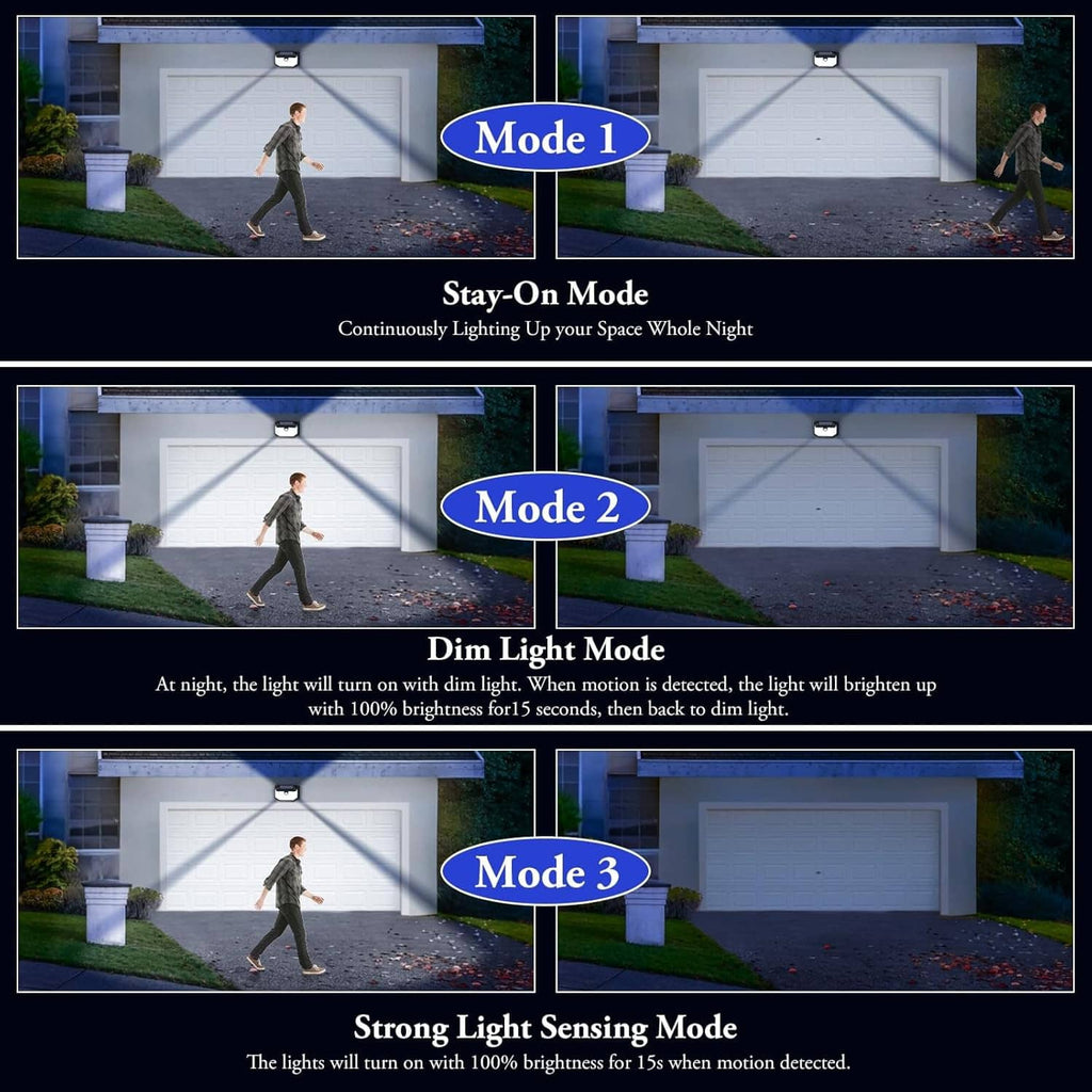 Solar motion sensor wall lights showing multiple night lighting modes on a house