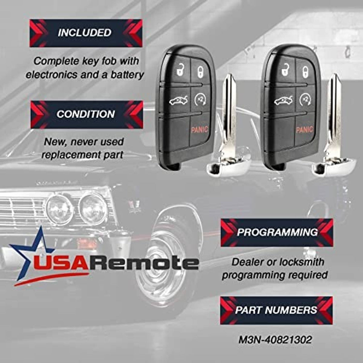 Black smart keyless entry fob with Panic button and two spare key blades