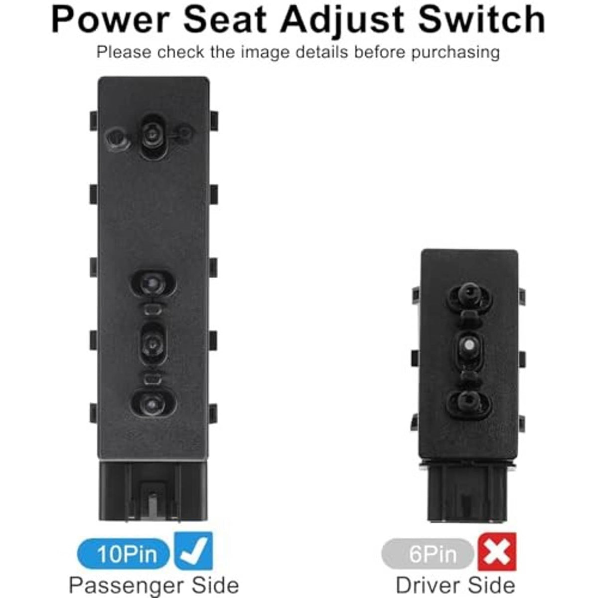 Power seat adjust switch, black housing with two-pin rocker control layout