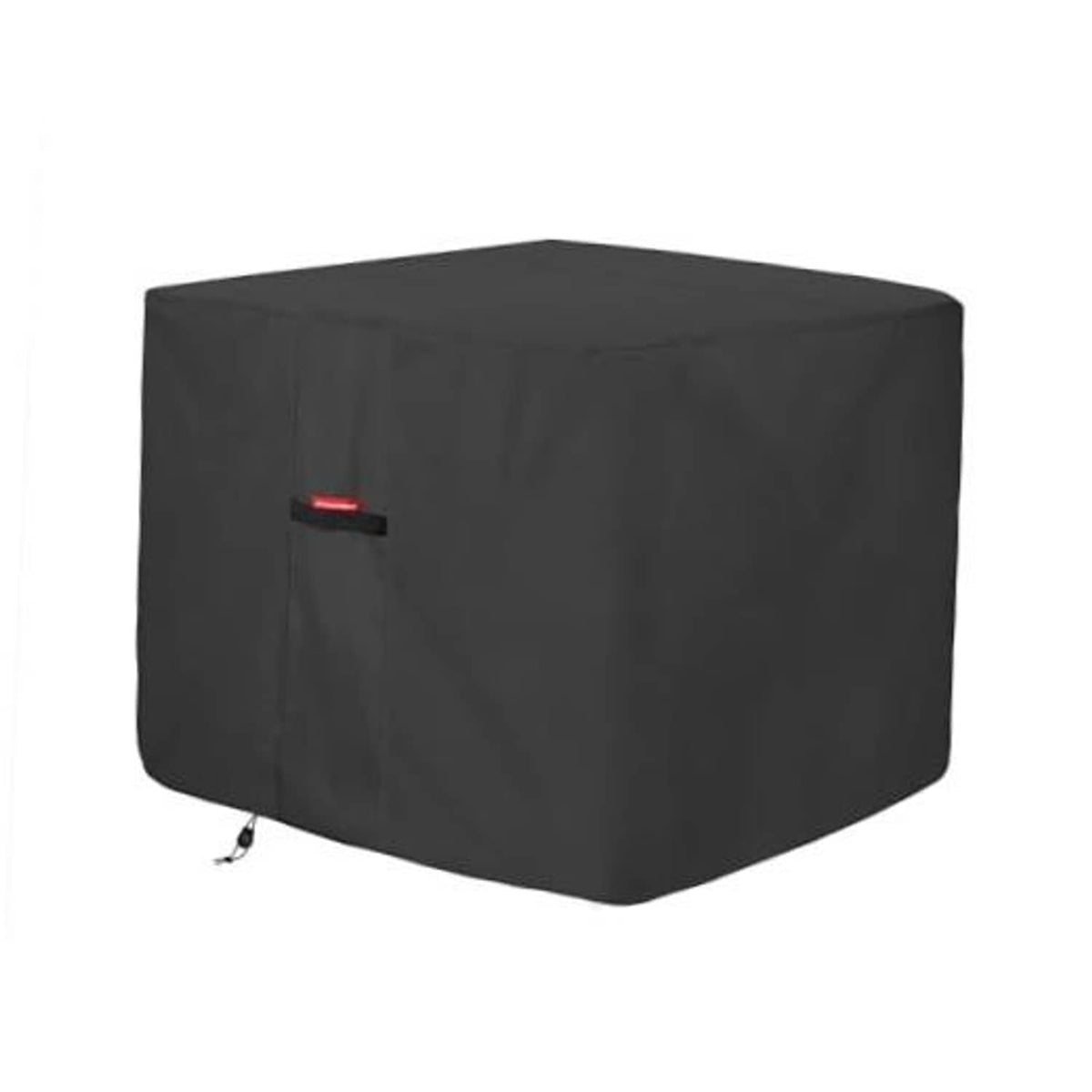 Square dark AC unit cover with top vent and small front securing strap