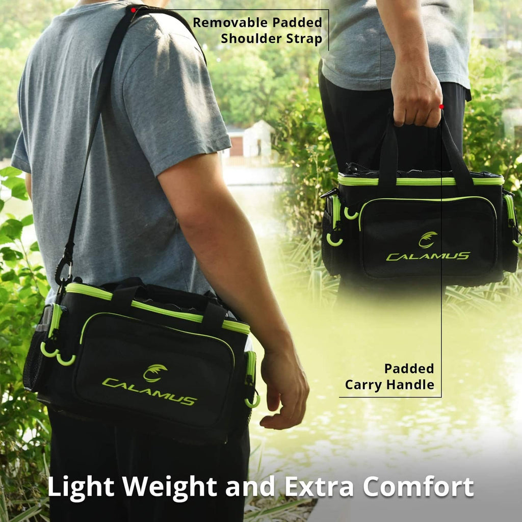 Black tackle bag with padded carry handle and removable shoulder strap, neon green trim