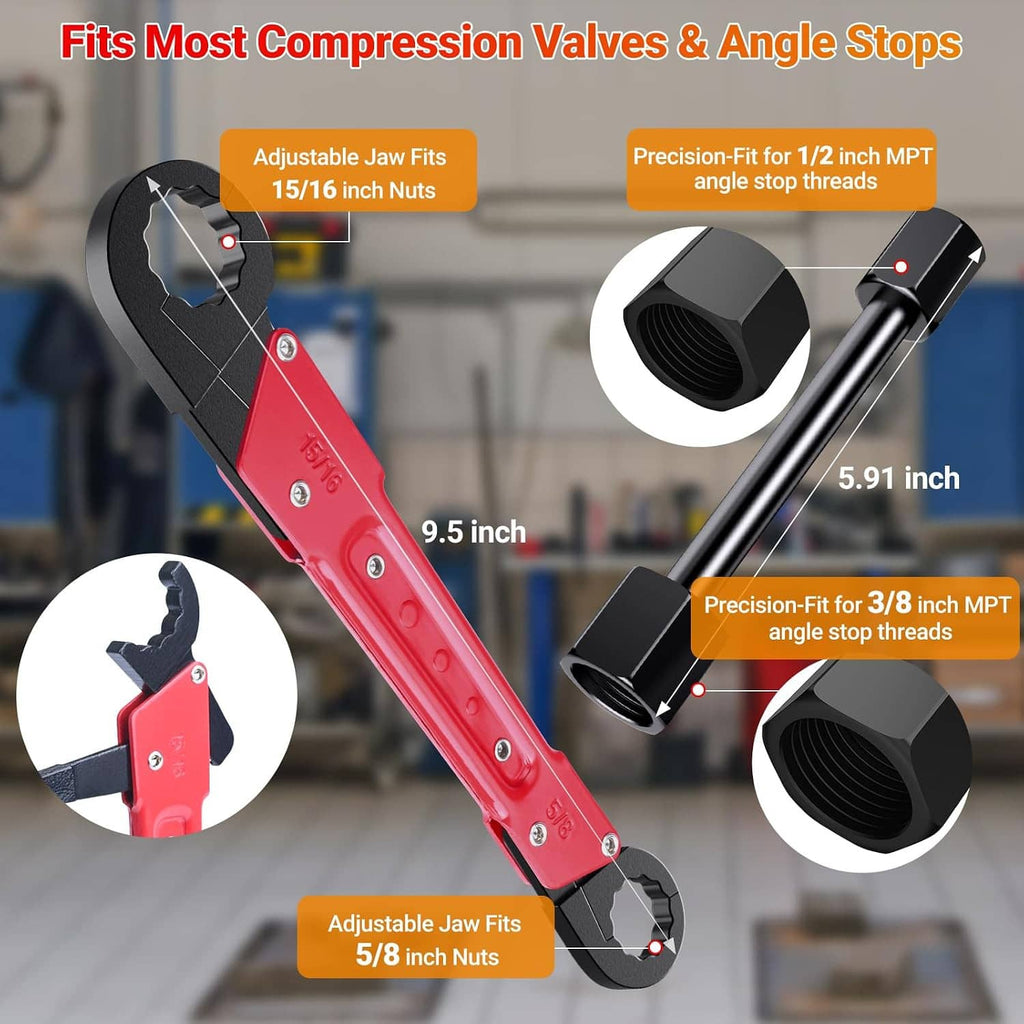 Red and black angle stop wrench with adjustable jaw and two threaded fittings